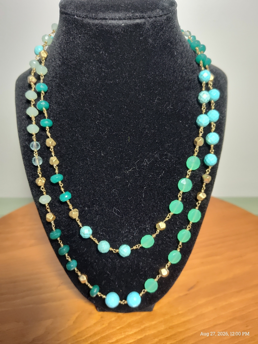 Stella & Dot Gold Chain Layered Necklace with Green and Aqua Beads